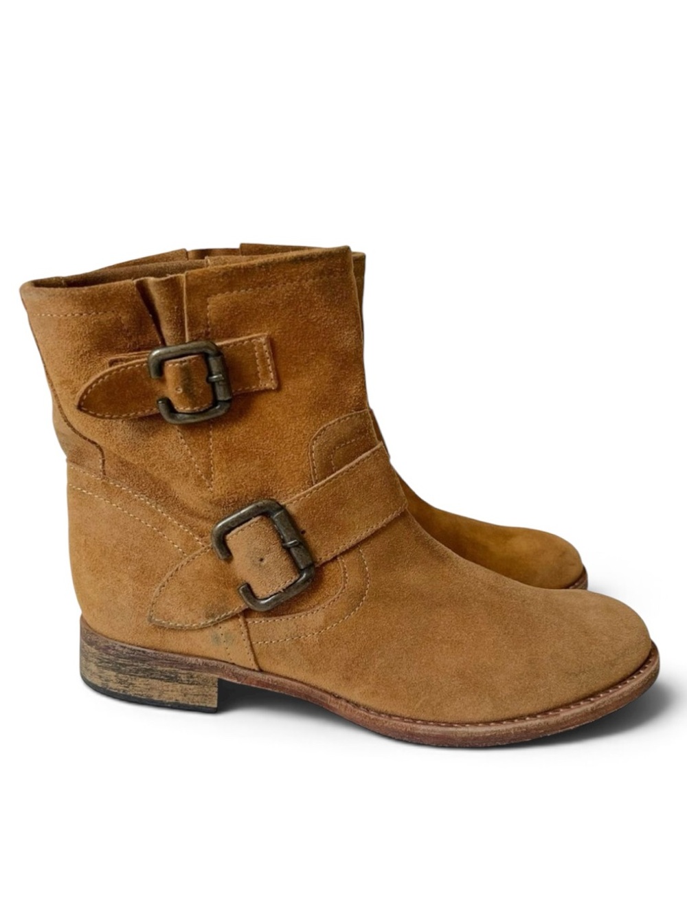 SAKS FIFTH AVENUE ITALY 10022 SHOES CAMEL SUEDE ANKLE BUCKLE BOOTS